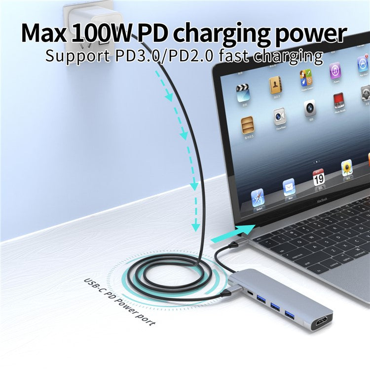 YSTC9038S 8 in 1 Portable USB C Hub Multi-function High-speed Data Sync Converter USB C to HDMI USB3.0 TF Card Adapter