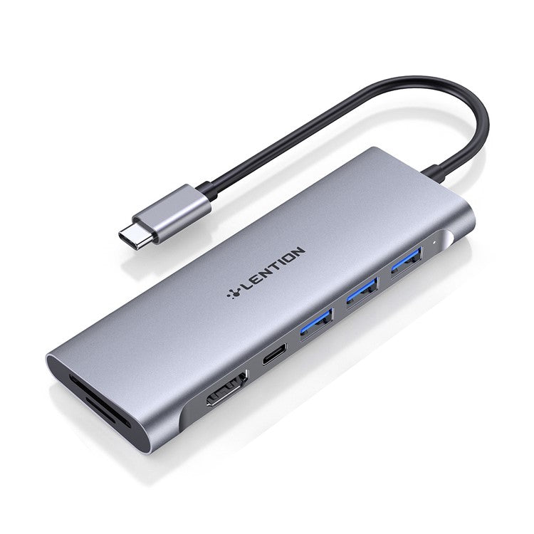 LENTION C36bHCR Type-C Hub Converter to USB 3.0 Ports HD Video Output Port Card Reader Slots PD3.0 100W Charging - Grey