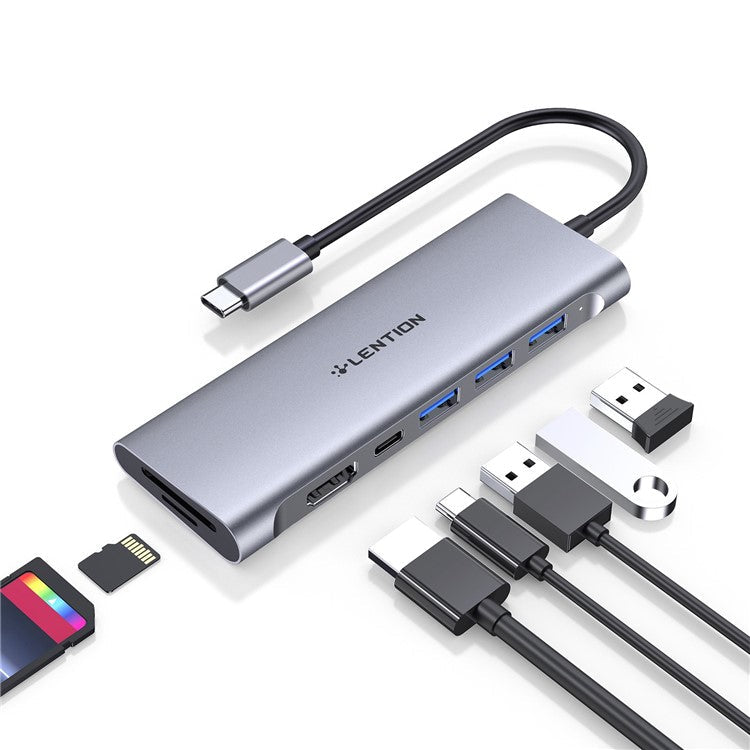 LENTION C36bHCR Type-C Hub Converter to USB 3.0 Ports HD Video Output Port Card Reader Slots PD3.0 100W Charging - Grey