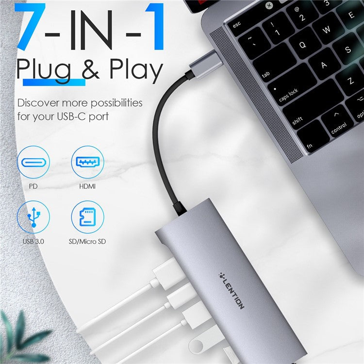 LENTION C36bHCR Type-C Hub Converter to USB 3.0 Ports HD Video Output Port Card Reader Slots PD3.0 100W Charging - Grey