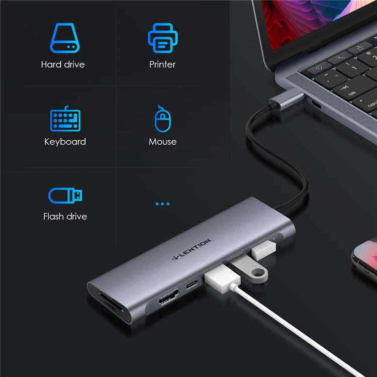 LENTION C36bHCR Type-C Hub Converter to USB 3.0 Ports HD Video Output Port Card Reader Slots PD3.0 100W Charging - Grey