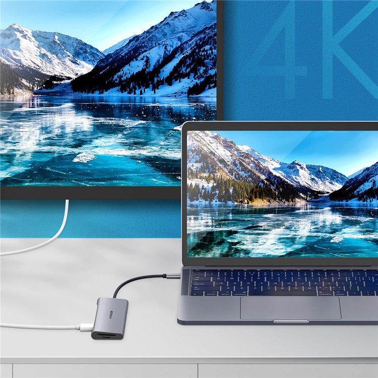 LENTION C36bHCR Type-C Hub Converter to USB 3.0 Ports HD Video Output Port Card Reader Slots PD3.0 100W Charging - Grey