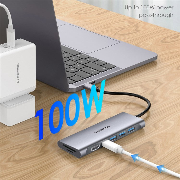 LENTION C36bHCR Type-C Hub Converter to USB 3.0 Ports HD Video Output Port Card Reader Slots PD3.0 100W Charging - Grey