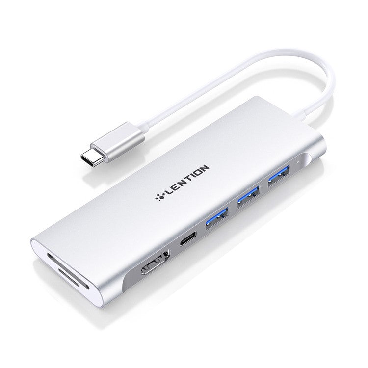 LENTION C36bHCR Type-C Hub Converter to USB 3.0 Ports HD Video Output Port Card Reader Slots PD3.0 100W Charging - Silver