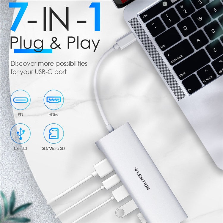 LENTION C36bHCR Type-C Hub Converter to USB 3.0 Ports HD Video Output Port Card Reader Slots PD3.0 100W Charging - Silver