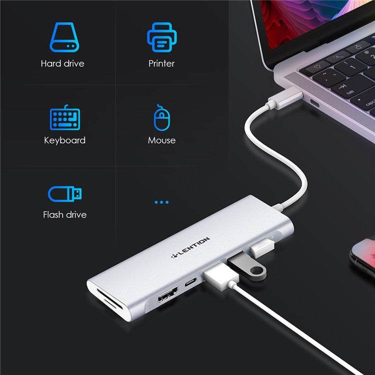LENTION C36bHCR Type-C Hub Converter to USB 3.0 Ports HD Video Output Port Card Reader Slots PD3.0 100W Charging - Silver