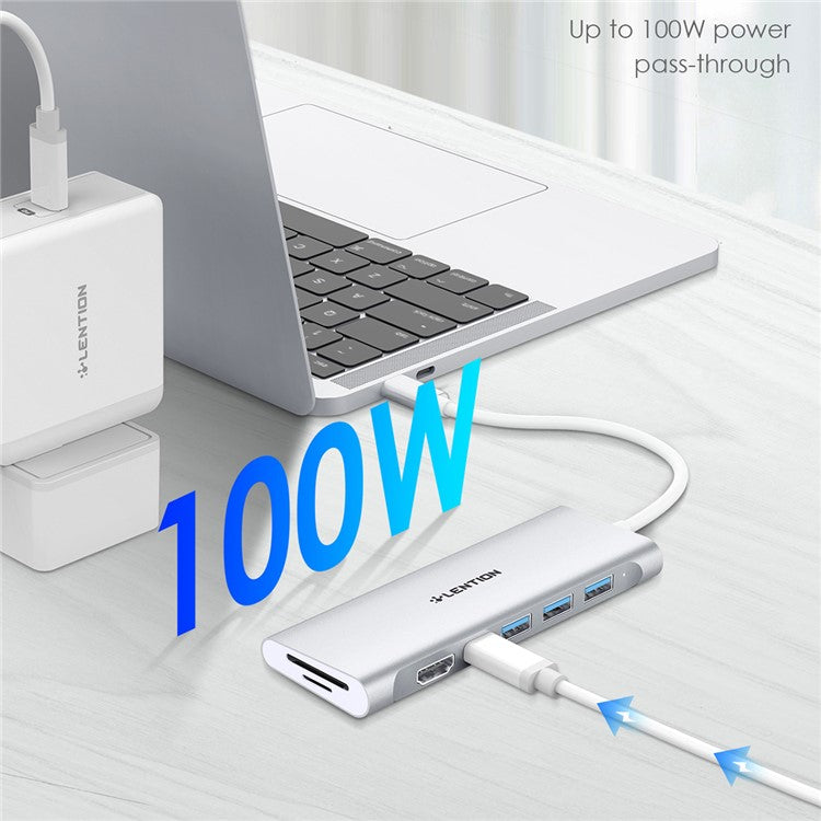 LENTION C36bHCR Type-C Hub Converter to USB 3.0 Ports HD Video Output Port Card Reader Slots PD3.0 100W Charging - Silver