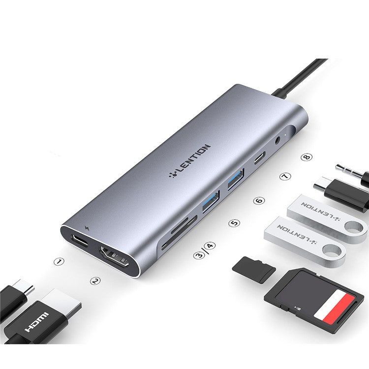 LENTION C37 HACR-1M USB-C Hub Adapter Multi-port Docking Station Type-C Converter Compatible with macOS, Windows, Vista, Linux Systems - Grey