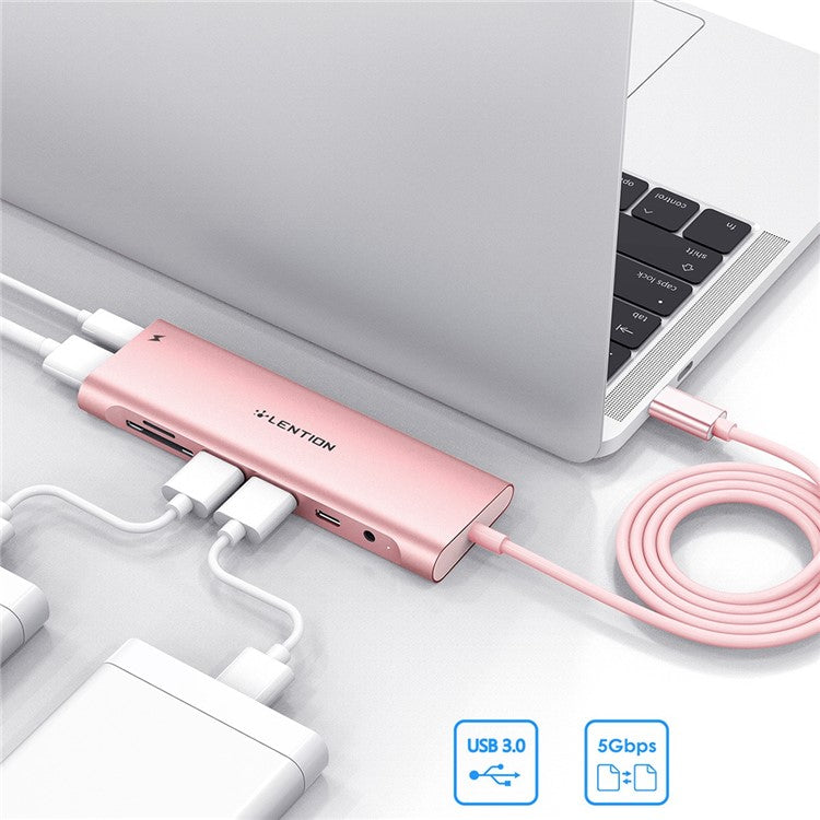 LENTION C37 HACR-1M USB-C Hub Adapter Multi-port Docking Station Type-C Converter Compatible with macOS, Windows, Vista, Linux Systems - Rose Gold
