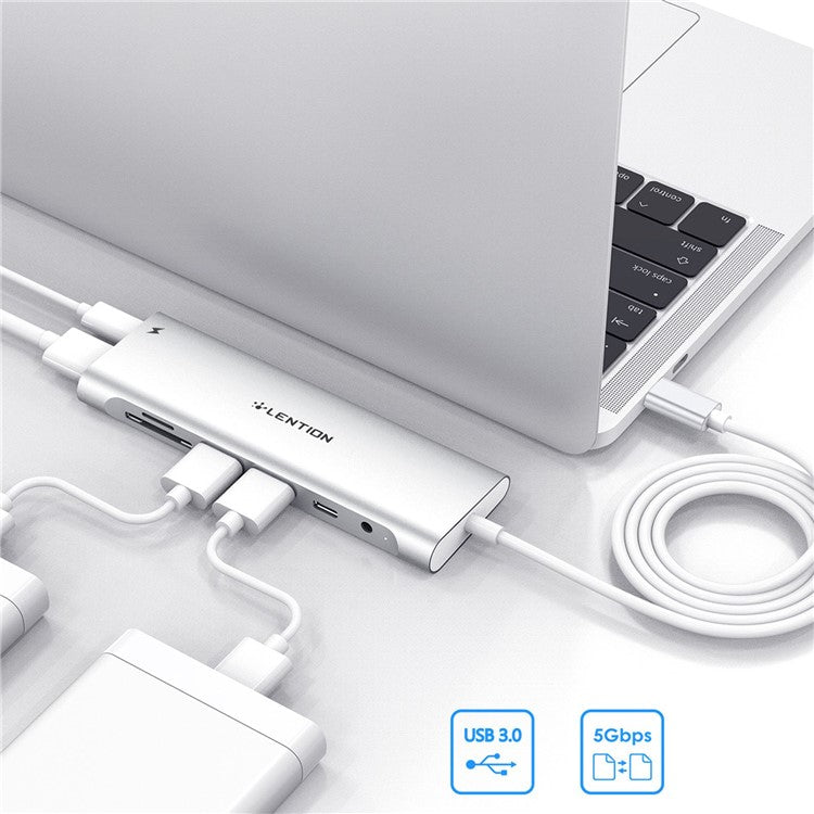 LENTION C37 HACR-1M USB-C Hub Adapter Multi-port Docking Station Type-C Converter Compatible with macOS, Windows, Vista, Linux Systems - Silver