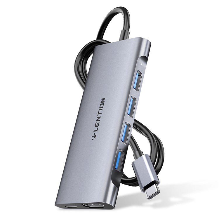 LENTION C35H-1M USB-C Hub Converter Multi-port Docking Station Type-C to 4 USB-A3.0+HD+PD Adapter Compatible with macOS, Windows, Vista, Linux Systems - Grey