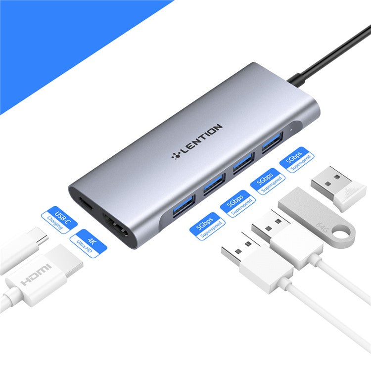 LENTION C35H-1M USB-C Hub Converter Multi-port Docking Station Type-C to 4 USB-A3.0+HD+PD Adapter Compatible with macOS, Windows, Vista, Linux Systems - Grey