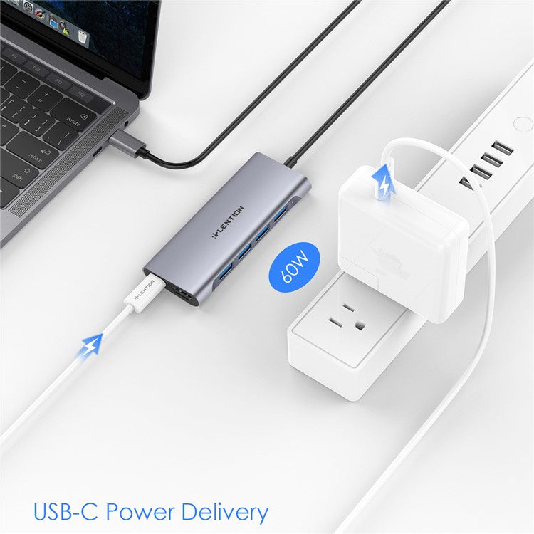 LENTION C35H-1M USB-C Hub Converter Multi-port Docking Station Type-C to 4 USB-A3.0+HD+PD Adapter Compatible with macOS, Windows, Vista, Linux Systems - Grey