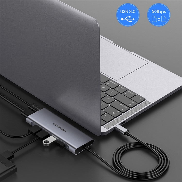 LENTION C35H-1M USB-C Hub Converter Multi-port Docking Station Type-C to 4 USB-A3.0+HD+PD Adapter Compatible with macOS, Windows, Vista, Linux Systems - Grey