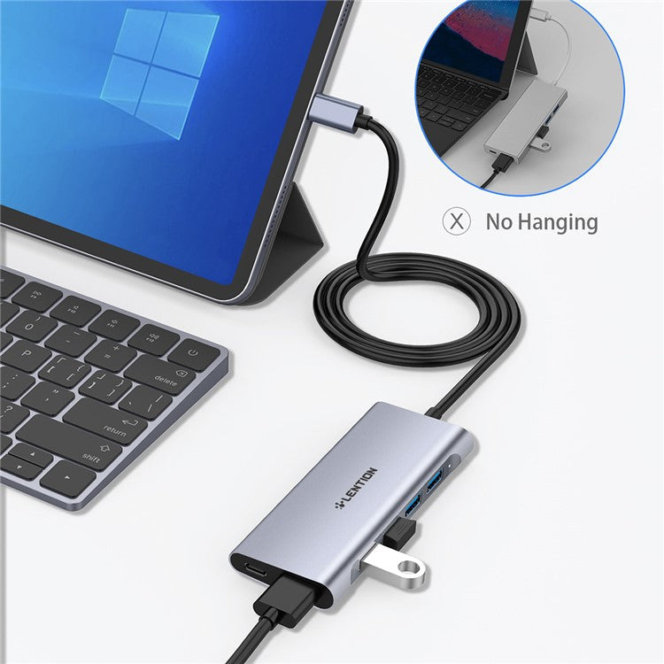 LENTION C35H-1M USB-C Hub Converter Multi-port Docking Station Type-C to 4 USB-A3.0+HD+PD Adapter Compatible with macOS, Windows, Vista, Linux Systems - Grey