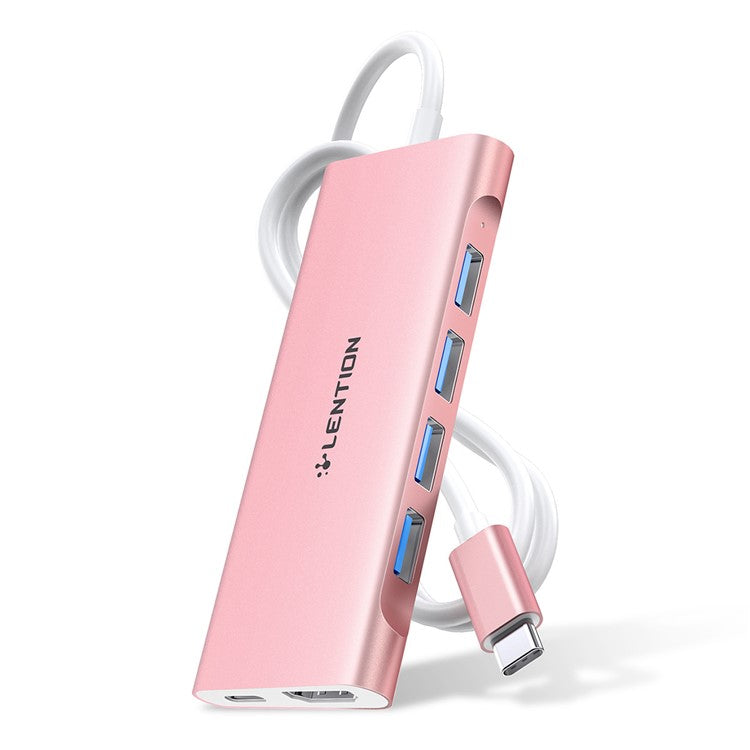 LENTION C35H-1M USB-C Hub Converter Multi-port Docking Station Type-C to 4 USB-A3.0+HD+PD Adapter Compatible with macOS, Windows, Vista, Linux Systems - Rose Gold