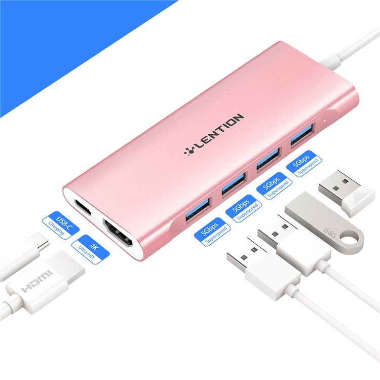 LENTION C35H-1M USB-C Hub Converter Multi-port Docking Station Type-C to 4 USB-A3.0+HD+PD Adapter Compatible with macOS, Windows, Vista, Linux Systems - Rose Gold