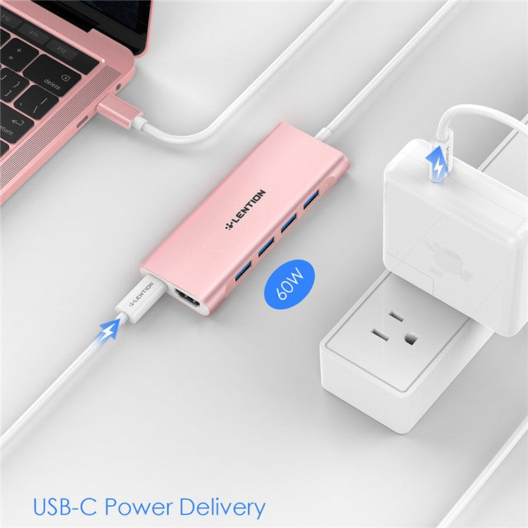 LENTION C35H-1M USB-C Hub Converter Multi-port Docking Station Type-C to 4 USB-A3.0+HD+PD Adapter Compatible with macOS, Windows, Vista, Linux Systems - Rose Gold