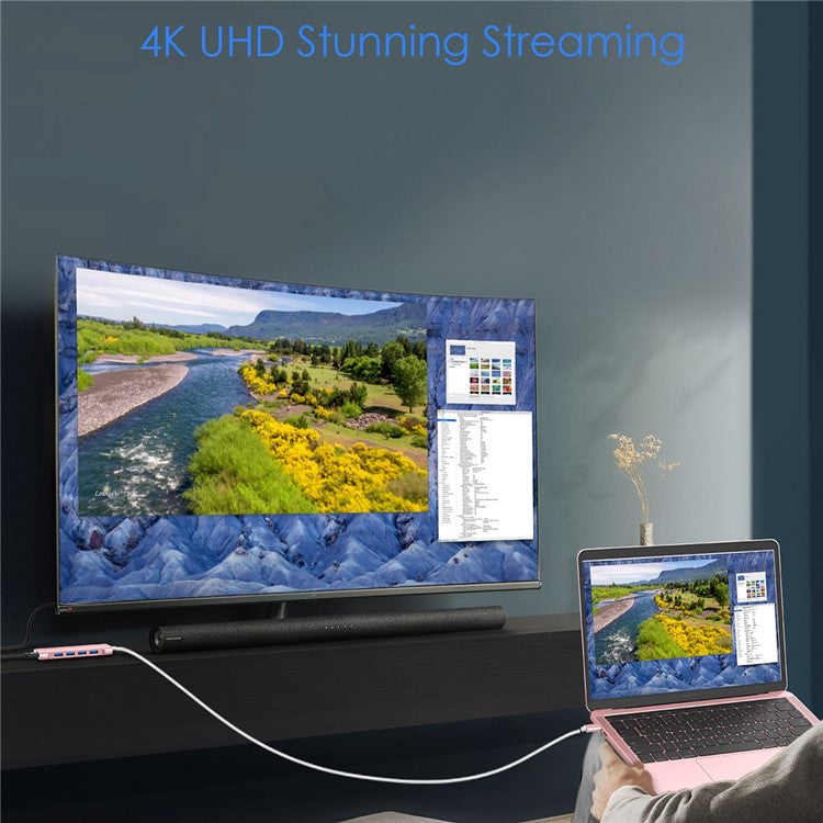 LENTION C35H-1M USB-C Hub Converter Multi-port Docking Station Type-C to 4 USB-A3.0+HD+PD Adapter Compatible with macOS, Windows, Vista, Linux Systems - Rose Gold