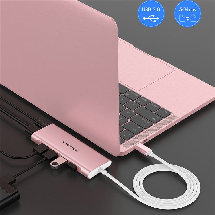 LENTION C35H-1M USB-C Hub Converter Multi-port Docking Station Type-C to 4 USB-A3.0+HD+PD Adapter Compatible with macOS, Windows, Vista, Linux Systems - Rose Gold