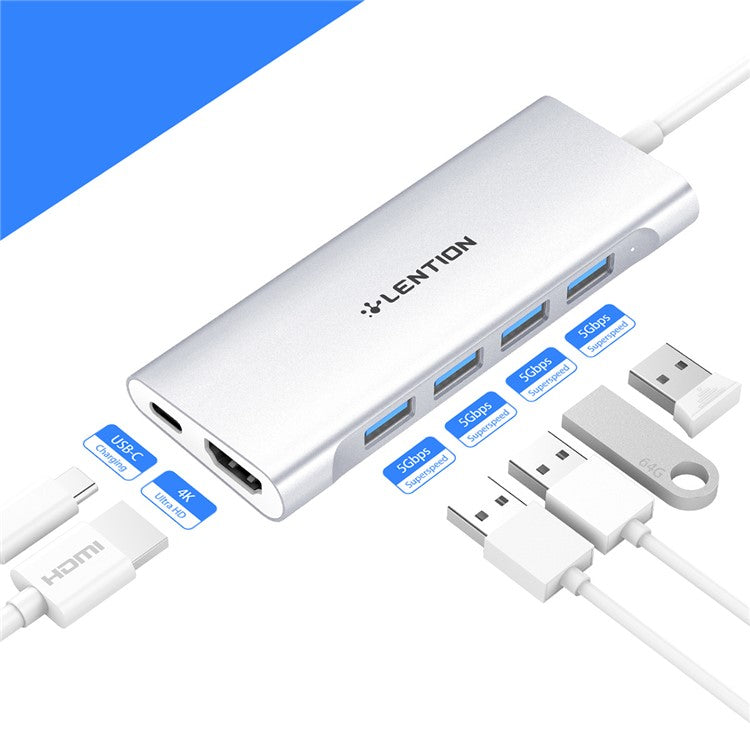 LENTION C35H-1M USB-C Hub Converter Multi-port Docking Station Type-C to 4 USB-A3.0+HD+PD Adapter Compatible with macOS, Windows, Vista, Linux Systems - Silver