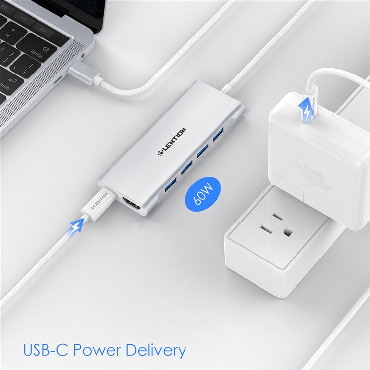 LENTION C35H-1M USB-C Hub Converter Multi-port Docking Station Type-C to 4 USB-A3.0+HD+PD Adapter Compatible with macOS, Windows, Vista, Linux Systems - Silver