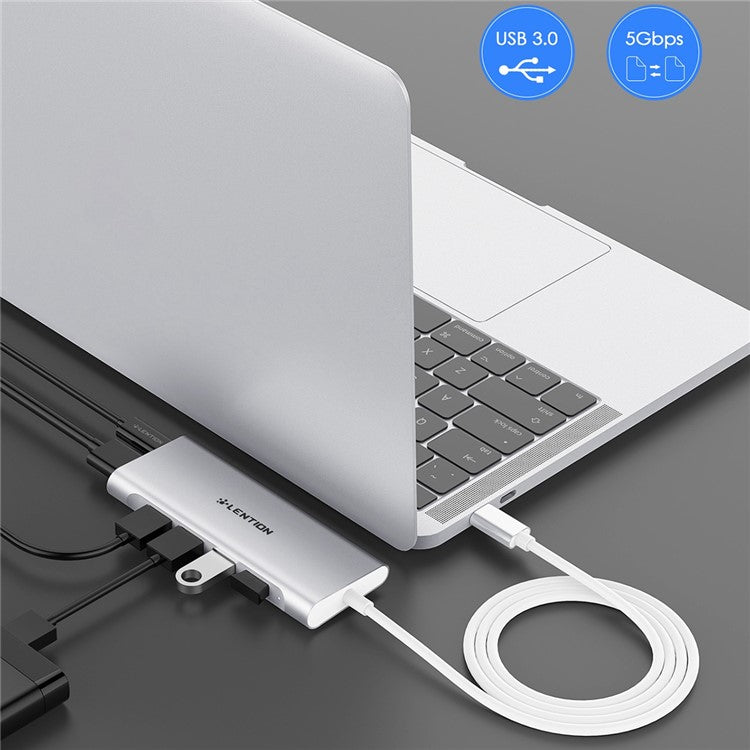 LENTION C35H-1M USB-C Hub Converter Multi-port Docking Station Type-C to 4 USB-A3.0+HD+PD Adapter Compatible with macOS, Windows, Vista, Linux Systems - Silver