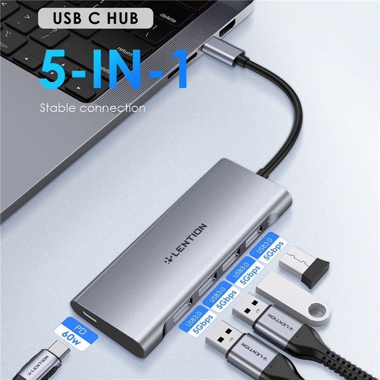 LENTION C31 USB-C to 4 USB-A 3.0 + 1 PD Port Adapter Laptop Aluminum Alloy USB Hub - Grey