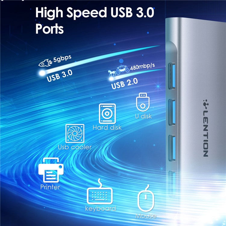 LENTION C31 USB-C to 4 USB-A 3.0 + 1 PD Port Adapter Laptop Aluminum Alloy USB Hub - Grey