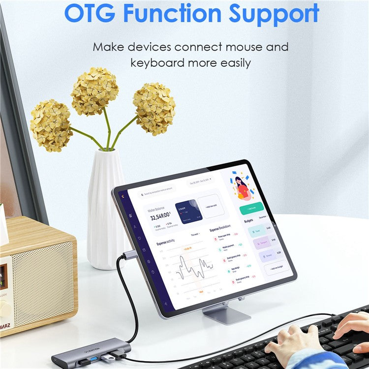 LENTION C31 USB-C to 4 USB-A 3.0 + 1 PD Port Adapter Laptop Aluminum Alloy USB Hub - Grey