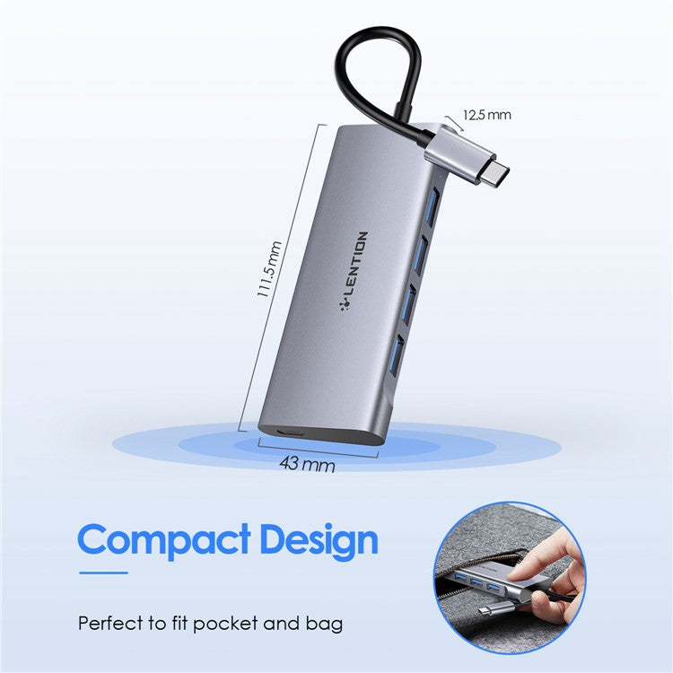 LENTION C31 USB-C to 4 USB-A 3.0 + 1 PD Port Adapter Laptop Aluminum Alloy USB Hub - Grey