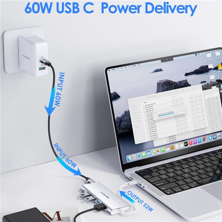 LENTION C31 USB-C to 4 USB-A 3.0 + 1 PD Port Adapter Laptop Aluminum Alloy USB Hub - Silver