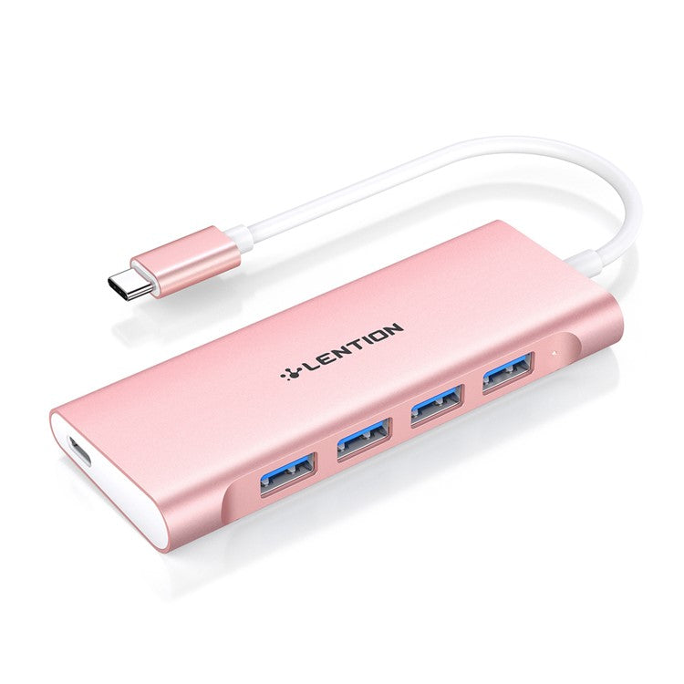 LENTION C31 USB-C to 4 USB-A 3.0 + 1 PD Port Adapter Laptop Aluminum Alloy USB Hub - Rose Gold
