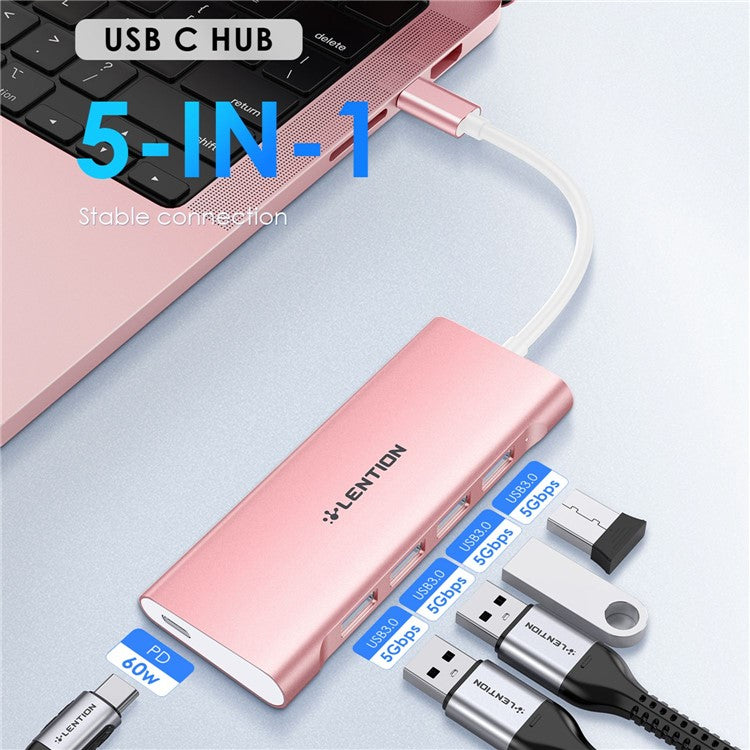 LENTION C31 USB-C to 4 USB-A 3.0 + 1 PD Port Adapter Laptop Aluminum Alloy USB Hub - Rose Gold