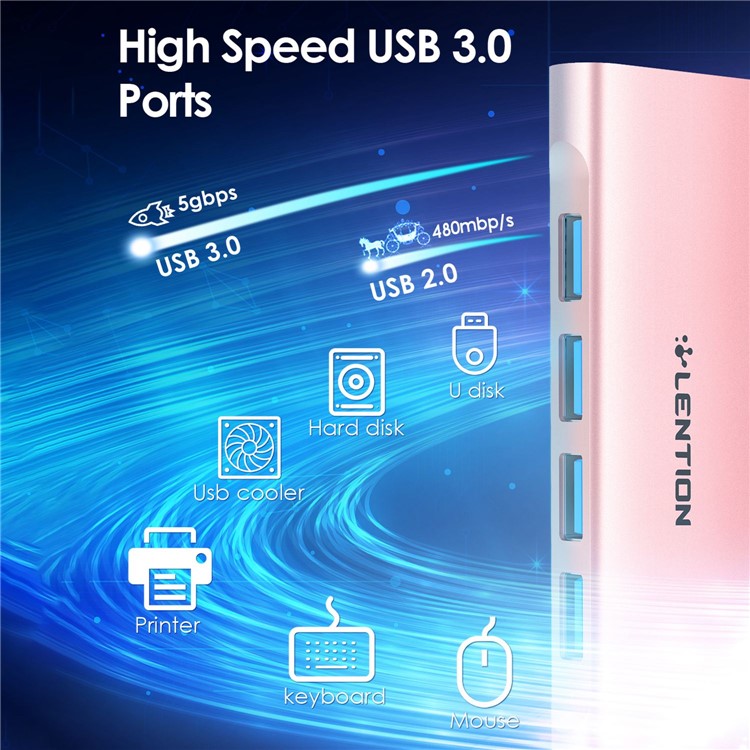 LENTION C31 USB-C to 4 USB-A 3.0 + 1 PD Port Adapter Laptop Aluminum Alloy USB Hub - Rose Gold