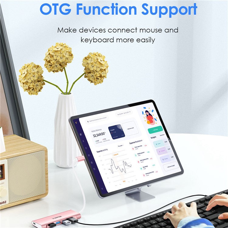 LENTION C31 USB-C to 4 USB-A 3.0 + 1 PD Port Adapter Laptop Aluminum Alloy USB Hub - Rose Gold