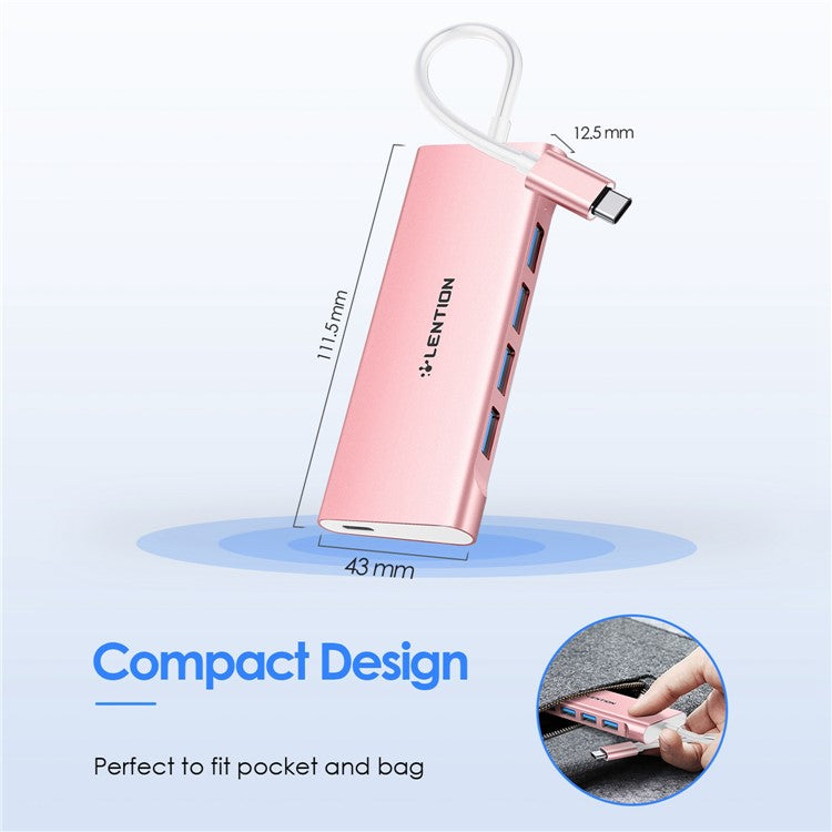 LENTION C31 USB-C to 4 USB-A 3.0 + 1 PD Port Adapter Laptop Aluminum Alloy USB Hub - Rose Gold