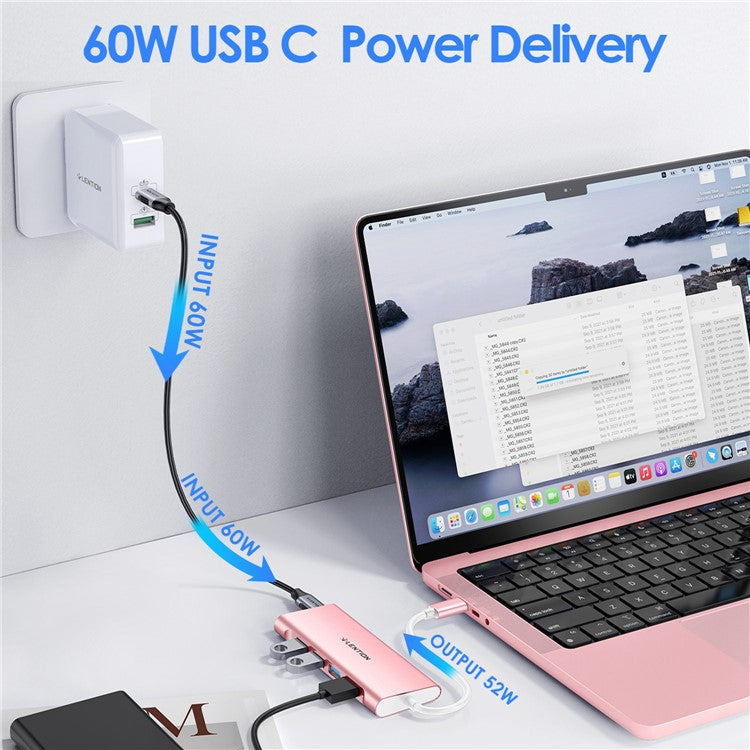 LENTION C31 USB-C to 4 USB-A 3.0 + 1 PD Port Adapter Laptop Aluminum Alloy USB Hub - Rose Gold