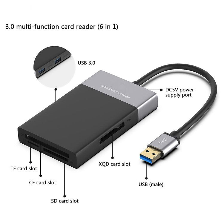 USB Hub Fast Speed USB 3.0 Splitter Adapter Cable Multifunction 6-in-1 Card Reader USB Converter Support XQD / SD / TF / CF Card