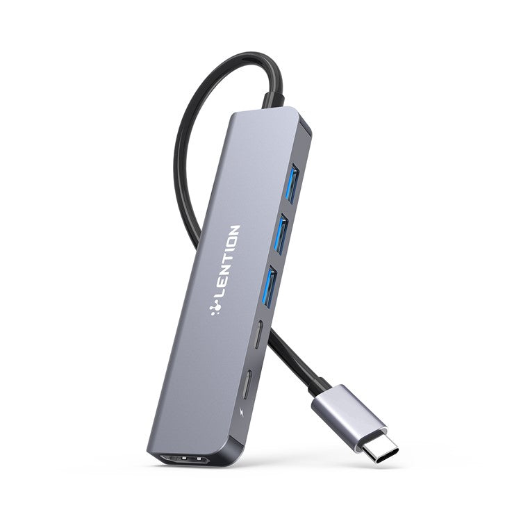 LENTION CE35sH Cloud Ala Series 6-in-1 USB-C Hub Adapter USB-C to 3 USB3.0 + HD 4K / 30Hz + PD3.0 + USB-C Docking Station - Grey