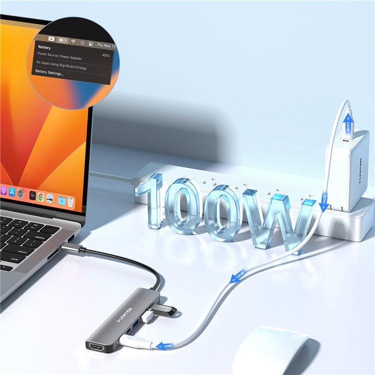 LENTION CE35sH Cloud Ala Series 6-in-1 USB-C Hub Adapter USB-C to 3 USB3.0 + HD 4K / 30Hz + PD3.0 + USB-C Docking Station - Grey