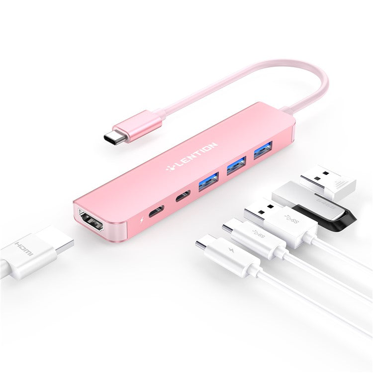LENTION CE35sH Cloud Ala Series 6-in-1 USB-C Hub Adapter USB-C to 3 USB3.0 + HD 4K / 30Hz + PD3.0 + USB-C Docking Station - Rose Gold