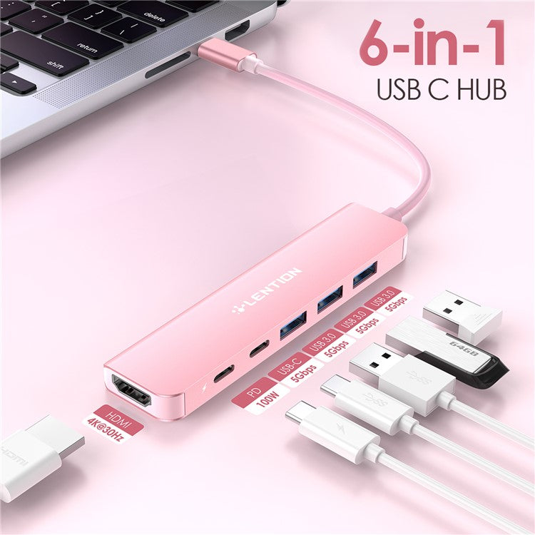LENTION CE35sH Cloud Ala Series 6-in-1 USB-C Hub Adapter USB-C to 3 USB3.0 + HD 4K / 30Hz + PD3.0 + USB-C Docking Station - Rose Gold