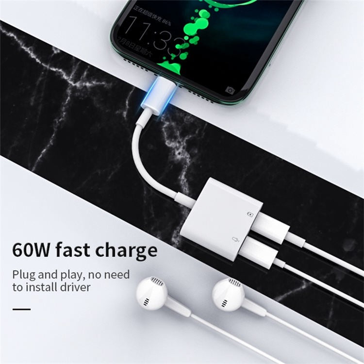 MH-CM36S 60W Type-C Male to Dual Type-C Female Adapter Charging Cable Earphone Connector