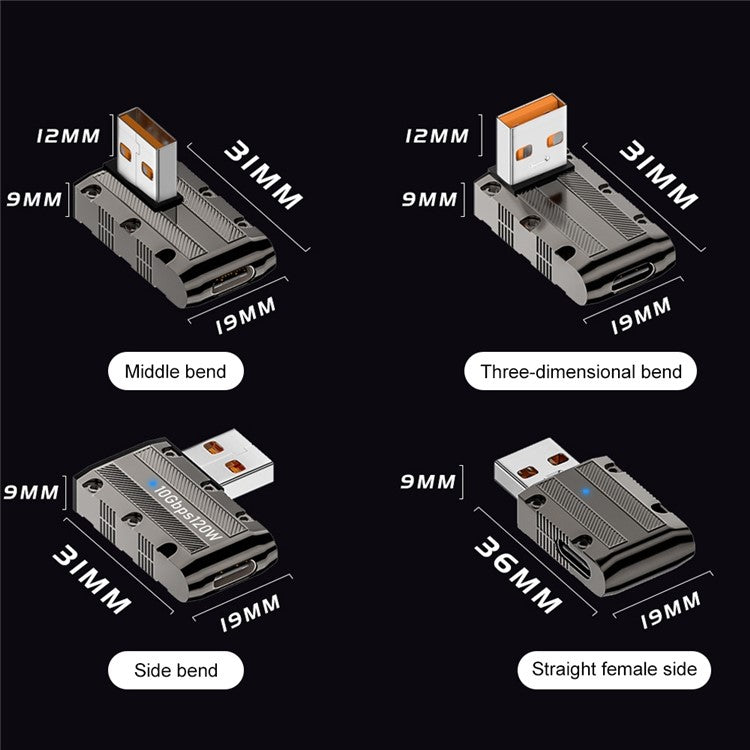120W USB 3.1 Gen2 to Type-C Converter 10Gbps Zinc Alloy Shell Elbow Adapter