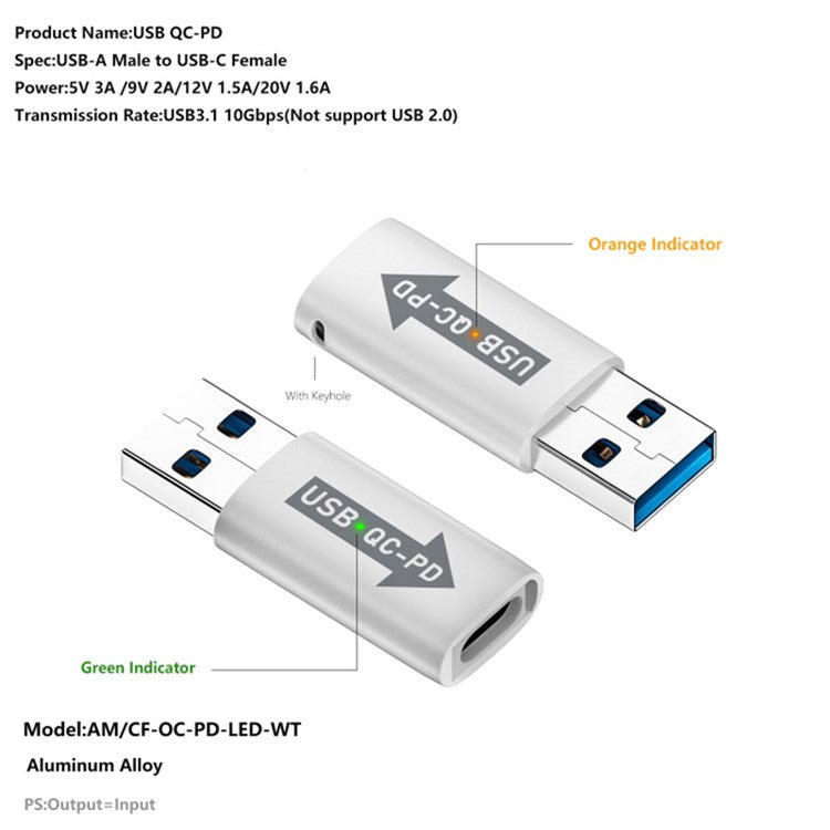 AM / CF-OC-PD USB-A QC3.1 to Type-C PD Converter LED Indicator 10Gbps USB Adapter - Silver