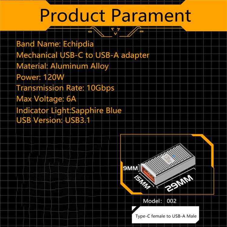 10Gbps Data Transfer USB-A 3.1 Female to Type-C Female 120W OTG Adapter - Dark Grey