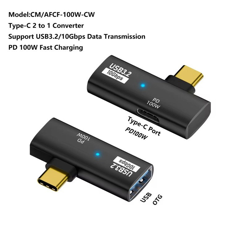USB 3.2 Adapter Type-C to USB-A / USB-C Adapter 10Gbps OTG USB-C 2 to 1 Converter with PD 100W Charge - Black