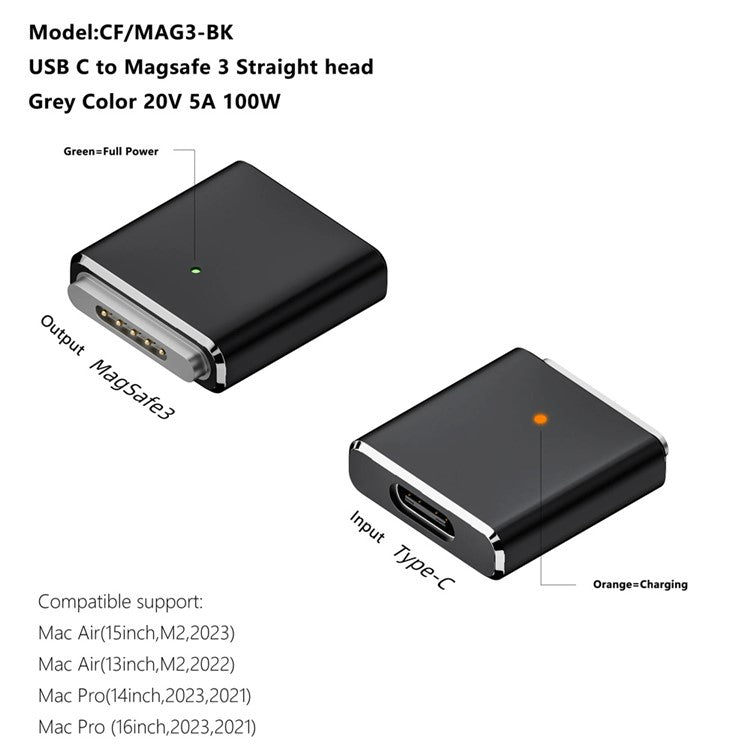 Compatible with MagSafe 3 USB-C Female to Magnetic PD 100W Charging Adapter for MacBook - Dark Grey