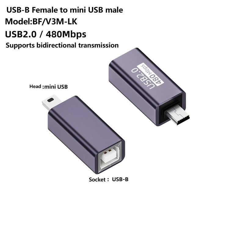 USB-B Female to Mini USB Male 480Mbps Adapter Aluminum Alloy Connector for Electric Piano / Printer